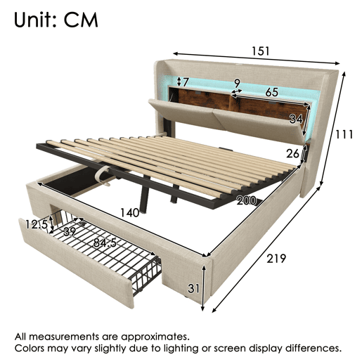 Cama estofada 140x200 - Armazenamento hidráulico, cabeceira com LED e USB - Bege
