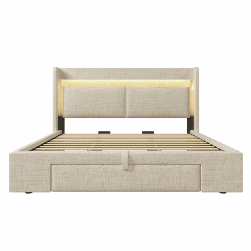 Cama estofada 180x200 - armazenamento hidráulico, cabeceira com compartimento, LED, USBUSB-C - Bege