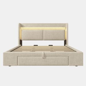 Cama estofada 180x200 - armazenamento hidráulico, cabeceira com compartimento, LED, USBUSB-C - Bege