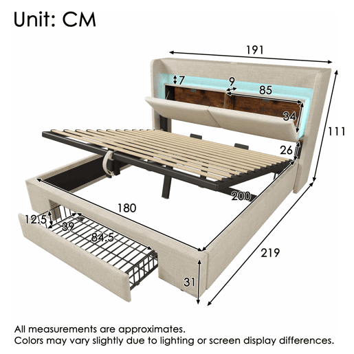 Cama estofada 180x200 - armazenamento hidráulico, cabeceira com compartimento, LED, USBUSB-C - Bege