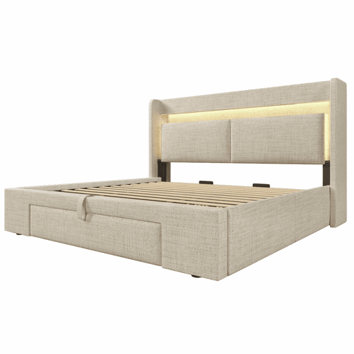 Cama estofada 180x200 - armazenamento hidráulico, cabeceira com compartimento, LED, USBUSB-C - Bege