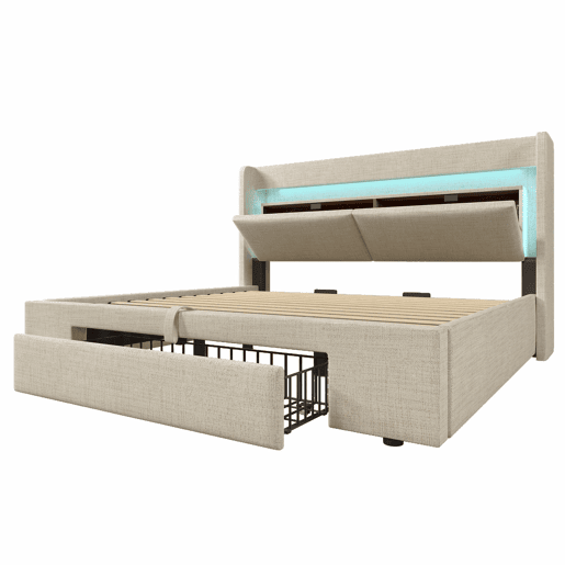 Cama estofada 180x200 - armazenamento hidráulico, cabeceira com compartimento, LED, USBUSB-C - Bege