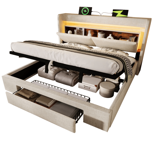 Cama estofada 180x200 - armazenamento hidráulico, cabeceira com compartimento, LED, USBUSB-C - Bege