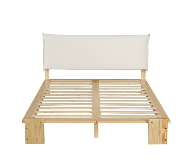 Cama individual 140x200 cm - cabecero acolchado, somier estable, patas anchas - natural