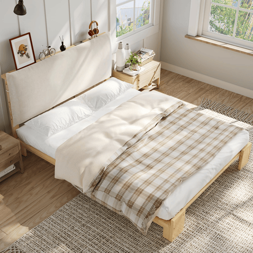 Cama individual 140x200 cm - cabeceira acolchoada, base estável, pés largos - natural