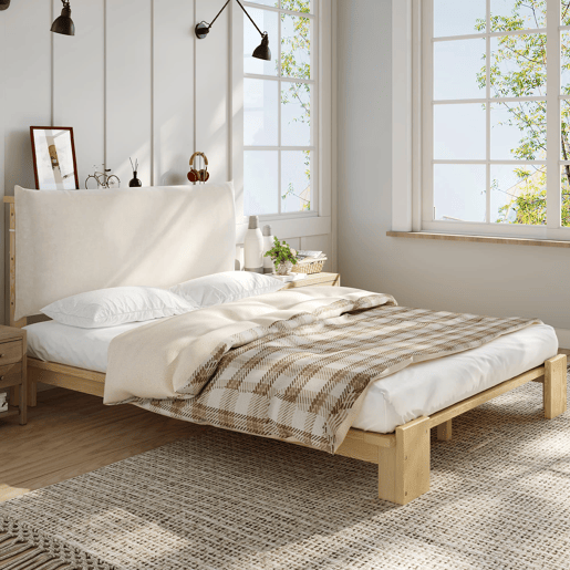 Cama individual 140x200 cm - cabeceira acolchoada, base estável, pés largos - natural