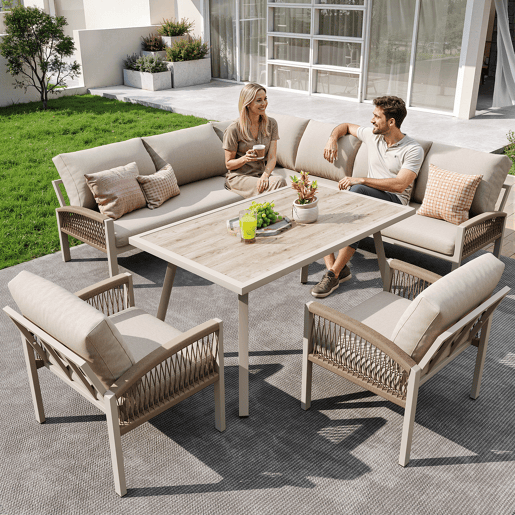 Conjunto de jardim com 2 sofás,2 poltronas e mesa,bege Conjunto de jardim com 2 sofás,2 poltronas e mesa,bege
