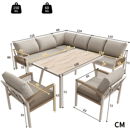 Conjunto de jardim com 2 sofás,2 poltronas e mesa,bege Conjunto de jardim com 2 sofás,2 poltronas e mesa,bege
