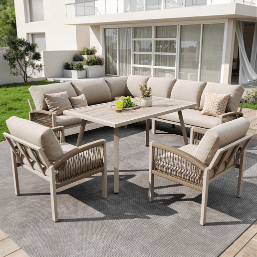 Conjunto de jardim com 2 sofás,2 poltronas e mesa,bege Conjunto de jardim com 2 sofás,2 poltronas e mesa,bege