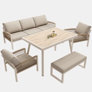 Conjunto de jardim com sofá,2 poltronas e mesa,bege