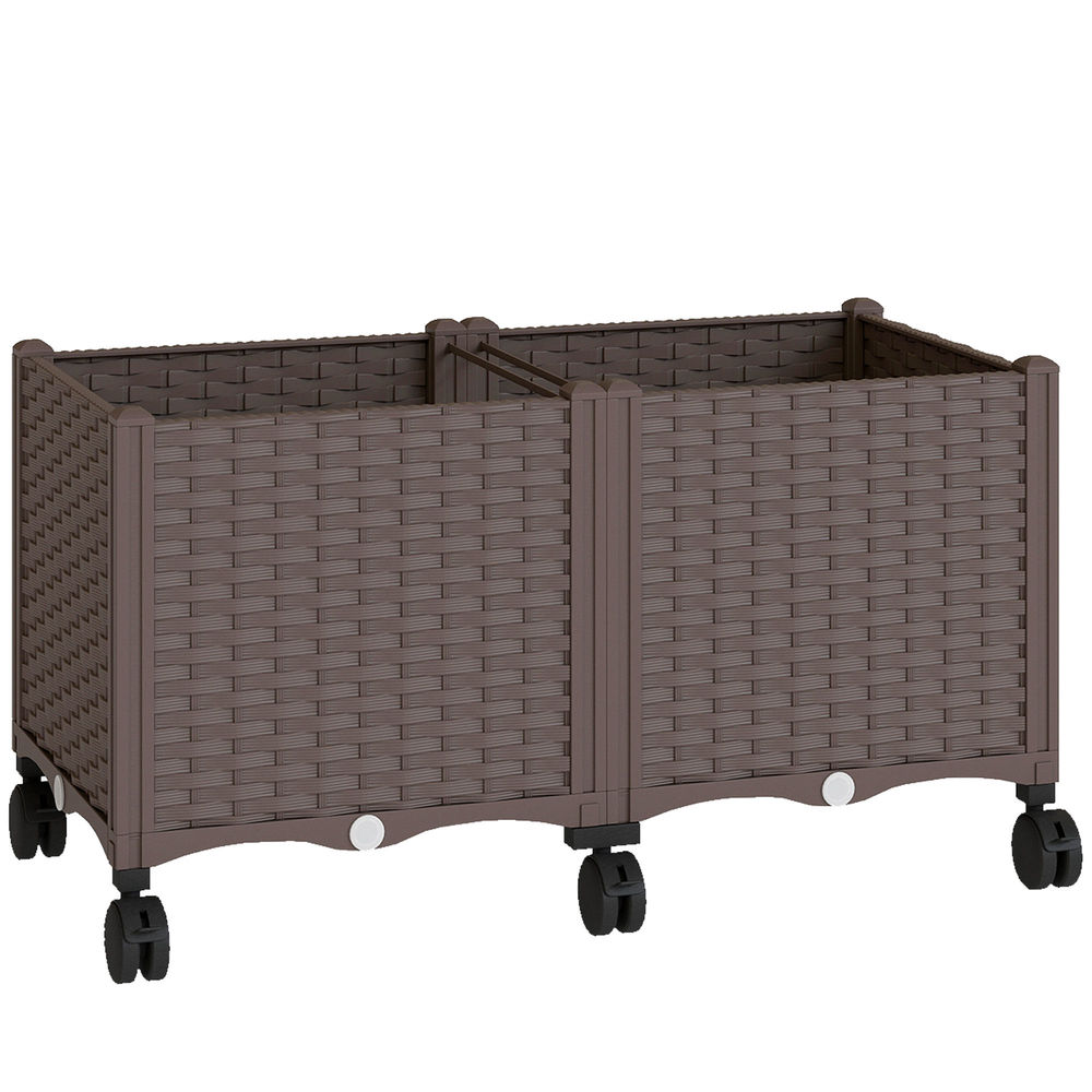 Outsunny jardinera elevada con 6 ruedas, jardinera exterior móvil de plástico con riego automático y drenaje, macetero exterior para cultivos, plantas, jardín, terraza, 80x40x43 cm, marrón