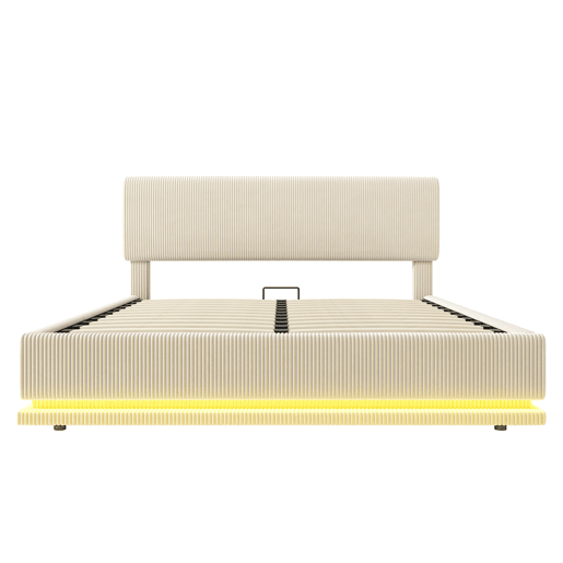 Cama estofada 160x200 - LED, USB-C, cabeceira ajustável, arrumação, tecido Cord - Bege