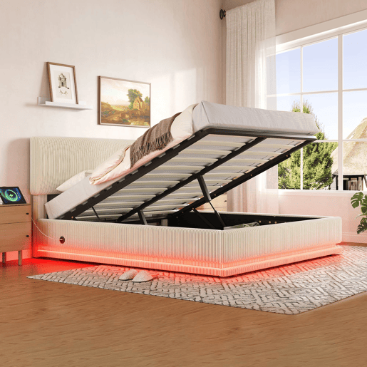 Cama estofada 160x200 - LED, USB-C, cabeceira ajustável, arrumação, tecido Cord - Bege