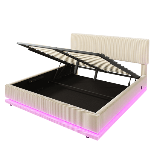 Cama estofada 160x200 - LED, USB-C, cabeceira ajustável, arrumação, tecido Cord - Bege