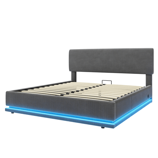 Cama estofada moderna 160x200 cm - Iluminação LED, carregador USB-C, cabeceira ajustável, tecido cordão, arrumação, cinzento