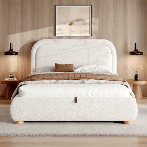 Cama de casal 160x200 cm - hidráulica, com estrado e grande espaço de arrumação, cabeceira estofada - Branco Cama de casal 160x200 cm - hidráulica, com estrado e grande espaço de arrumação, cabeceira estofada - Branco