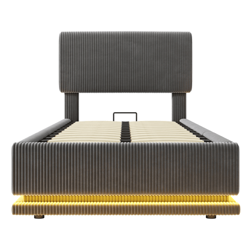 Cama estofada 90x200 - LED, USB-C, cabeceira ajustável, arrumação, tecido de veludo cotelê - Cinza