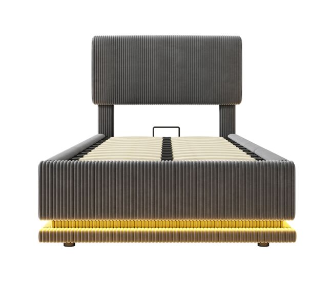 Cama tapizada 90x200 - led, usb-c, cabecero ajustable, almacenamiento, tela de pana - gris