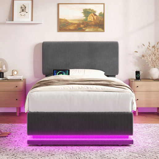 Cama estofada 90x200 - LED, USB-C, cabeceira ajustável, arrumação, tecido de veludo cotelê - Cinza