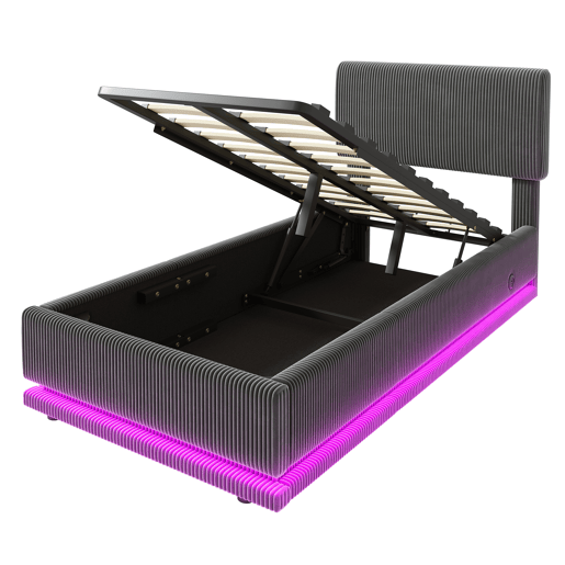 Cama estofada 90x200 - LED, USB-C, cabeceira ajustável, arrumação, tecido de veludo cotelê - Cinza