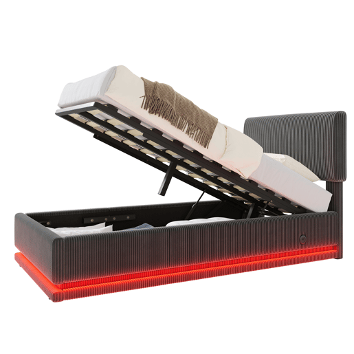 Cama estofada 90x200 - LED, USB-C, cabeceira ajustável, arrumação, tecido de veludo cotelê - Cinza