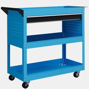 DURHAND Carrinho de Ferramentas Carrinho de Oficina com 3 Bandejas e Gaveta Rodas com Travões Pega Lateral Painel Lateral Perfurado para Garagem Mecânica Casa 82x35x76 cm Azul