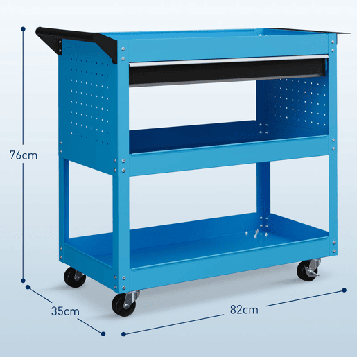 DURHAND Carrinho de Ferramentas Carrinho de Oficina com 3 Bandejas e Gaveta Rodas com Travões Pega Lateral Painel Lateral Perfurado para Garagem Mecânica Casa 82x35x76 cm Azul