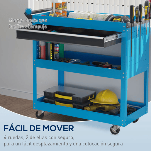 DURHAND Carrinho de Ferramentas Carrinho de Oficina com 3 Bandejas e Gaveta Rodas com Travões Pega Lateral Painel Lateral Perfurado para Garagem Mecânica Casa 82x35x76 cm Azul