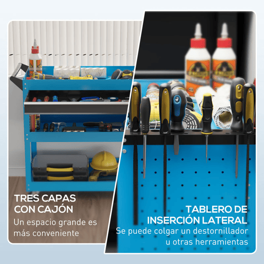 DURHAND Carrinho de Ferramentas Carrinho de Oficina com 3 Bandejas e Gaveta Rodas com Travões Pega Lateral Painel Lateral Perfurado para Garagem Mecânica Casa 82x35x76 cm Azul