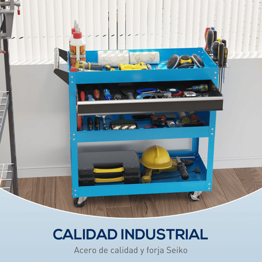DURHAND Carrinho de Ferramentas Carrinho de Oficina com 3 Bandejas e Gaveta Rodas com Travões Pega Lateral Painel Lateral Perfurado para Garagem Mecânica Casa 82x35x76 cm Azul