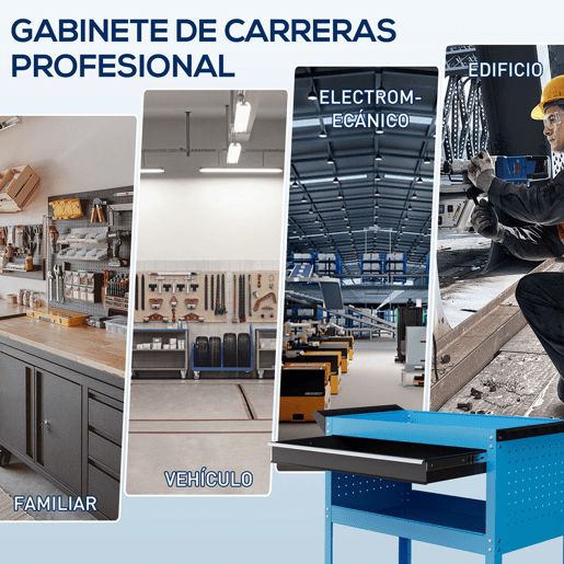 DURHAND Carrinho de Ferramentas Carrinho de Oficina com 3 Bandejas e Gaveta Rodas com Travões Pega Lateral Painel Lateral Perfurado para Garagem Mecânica Casa 82x35x76 cm Azul