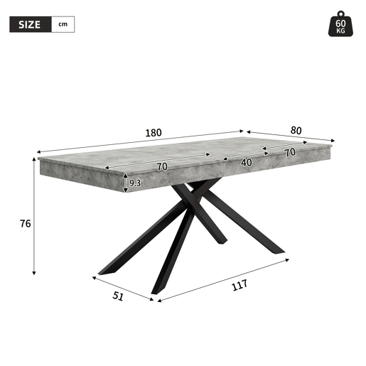 Mesa de jantar extensível retangular 140-180máx. cm de mdf,cinza