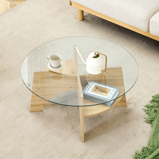 Mesa de centro redonda Ø80 cm - vidro transparente, estrutura em MDF em madeira natural