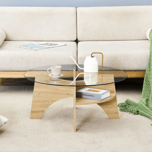 Mesa de centro redonda Ø80 cm - vidro transparente, estrutura em MDF em madeira natural