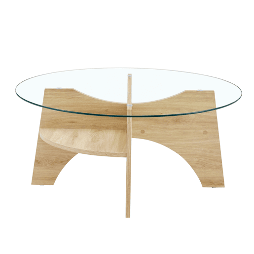 Mesa de centro redonda Ø80 cm - vidro transparente, estrutura em MDF em madeira natural