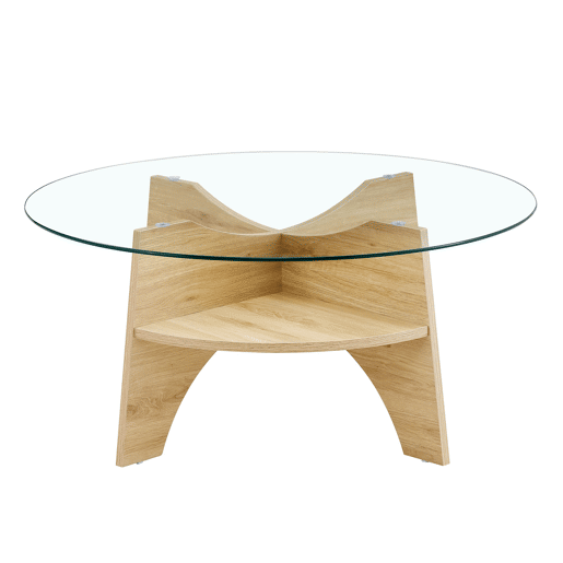 Mesa de centro redonda Ø80 cm - vidro transparente, estrutura em MDF em madeira natural