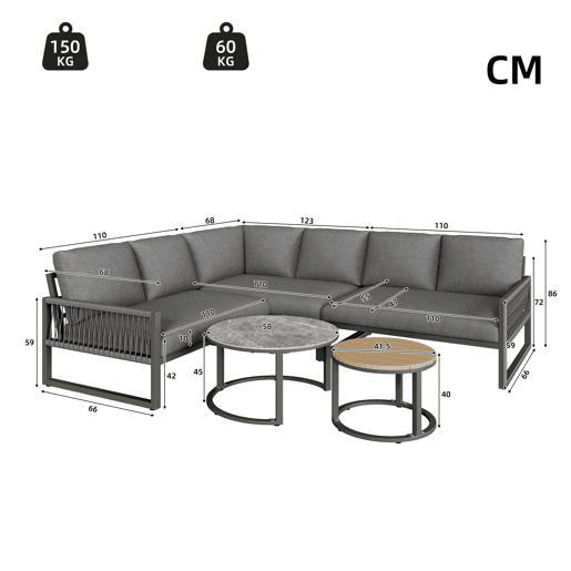 Conjunto de jardim com 2 sofás e mesa de centro nido,cinza