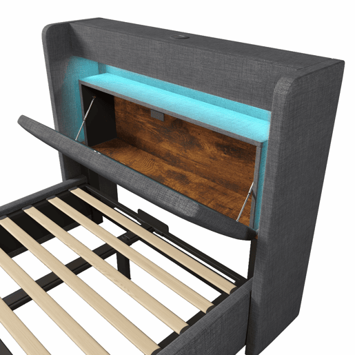 Cama estofada 90x200 - armazenamento hidráulico, cabeceira com LED e USB - Cinza