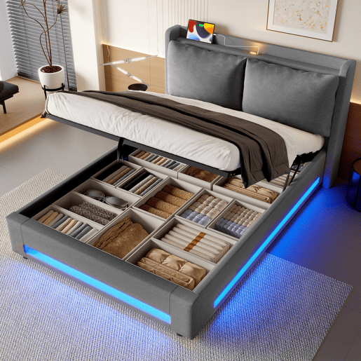 Cama estofada 160x200 cm - com almofada removível, função de armazenamento, portas USB-C, luzes LED, proteção contra poeira - Cinza escuro