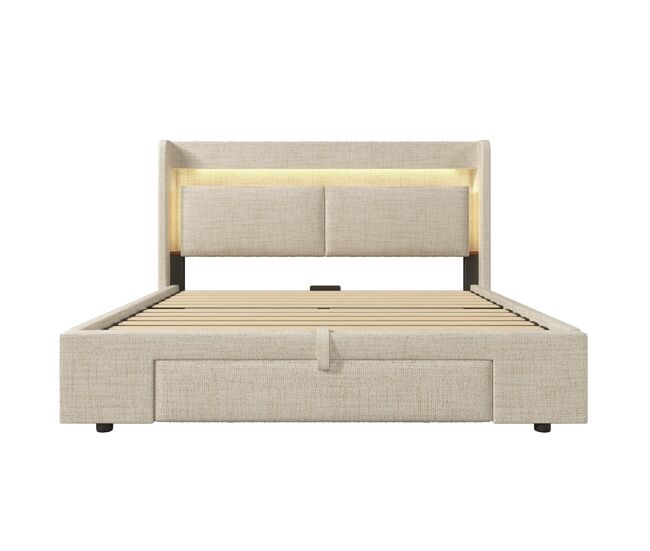 Cama tapizada 160x200 cm - almacenamiento hidráulico, cabecero con led y usb - beige