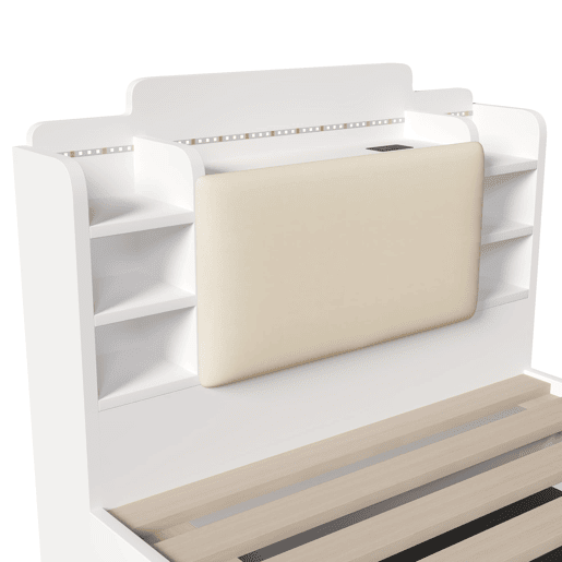 Cama com painel 90x200 cm - canapé rebatível hidráulico, USB-C e LED - branco