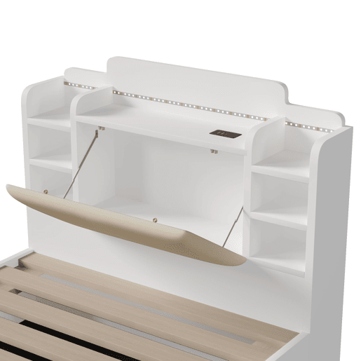Cama com painel 90x200 cm - canapé rebatível hidráulico, USB-C e LED - branco