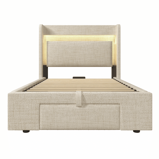 Cama estofada 90x200 - armazenamento hidráulico, cabeceira com LED e USB - Bege