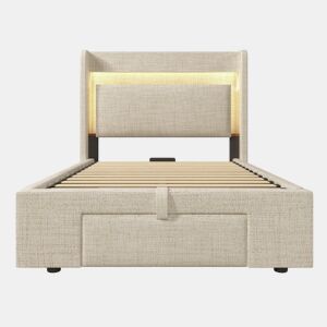 Cama estofada 90x200 - armazenamento hidráulico, cabeceira com LED e USB - Bege