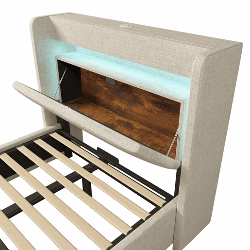 Cama estofada 90x200 - armazenamento hidráulico, cabeceira com LED e USB - Bege
