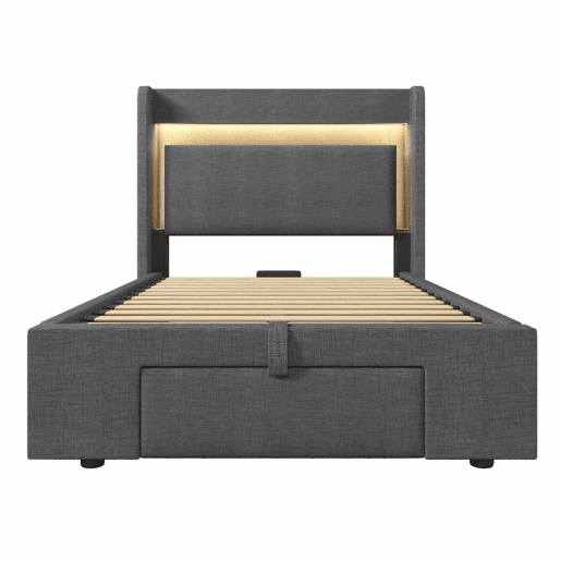 Cama estofada 90x200 - Armazenamento hidráulico, cabeceira com LED e USB - Cinza Cama estofada 90x200 - Armazenamento hidráulico, cabeceira com LED e USB - Cinza