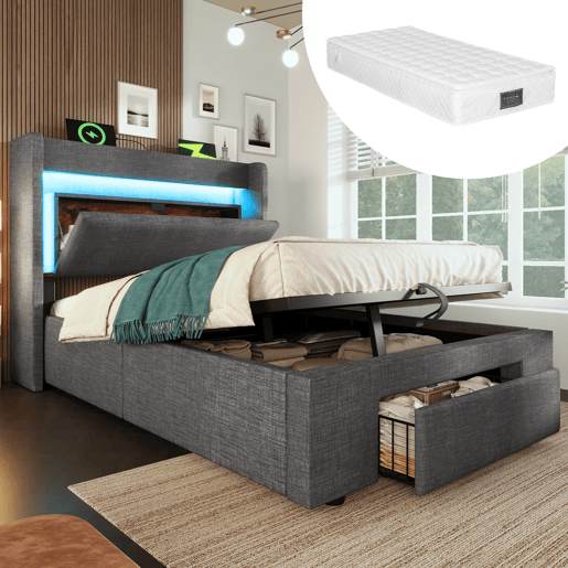 Cama estofada 90x200 - Armazenamento hidráulico, cabeceira com LED e USB - Cinza Cama estofada 90x200 - Armazenamento hidráulico, cabeceira com LED e USB - Cinza