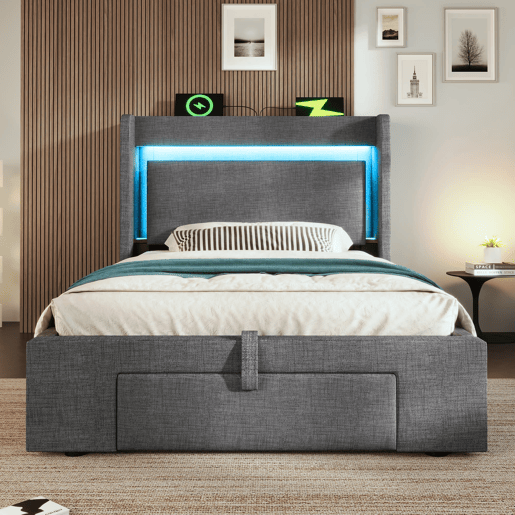 Cama estofada 90x200 - Armazenamento hidráulico, cabeceira com LED e USB - Cinza Cama estofada 90x200 - Armazenamento hidráulico, cabeceira com LED e USB - Cinza