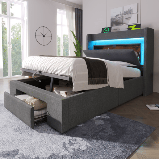Cama estofada 90x200 - Armazenamento hidráulico, cabeceira com LED e USB - Cinza Cama estofada 90x200 - Armazenamento hidráulico, cabeceira com LED e USB - Cinza