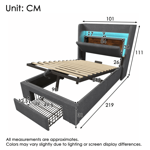 Cama estofada 90x200 - Armazenamento hidráulico, cabeceira com LED e USB - Cinza Cama estofada 90x200 - Armazenamento hidráulico, cabeceira com LED e USB - Cinza
